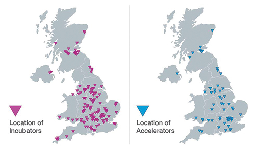Two maps of the location of accelerators and incubators in the UK