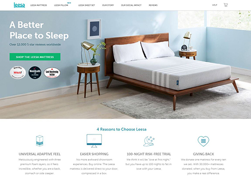 A screenshot of the Leesa website (a company selling mattresses).