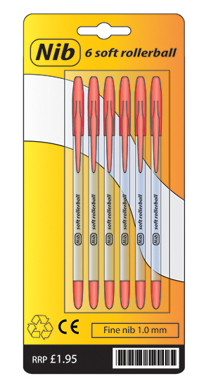 An image of a pack of six red soft rollerball pens