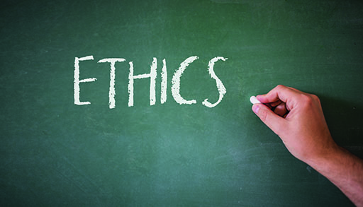 The word ‘Ethics’ written on a blackboard.