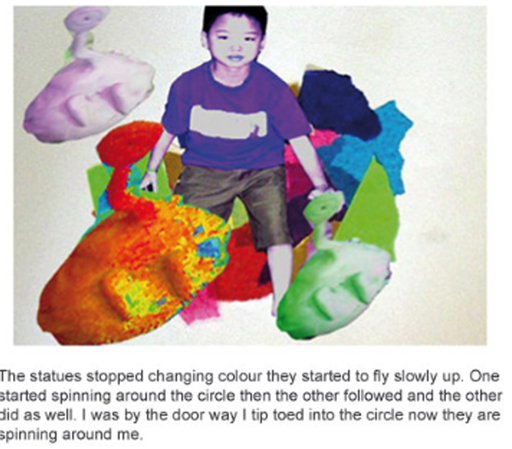 A colourful montage, including an image of a child surrounded by some shapes.