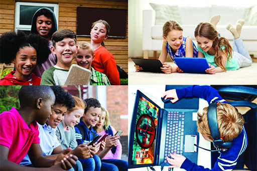 Four separate images of children using technology.