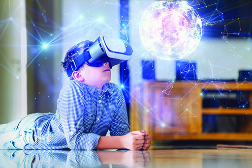 A photo of a boy using a virtual reality device.