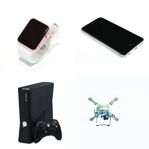 Four items: a smart watch, a smart phone, a games console and a drone.