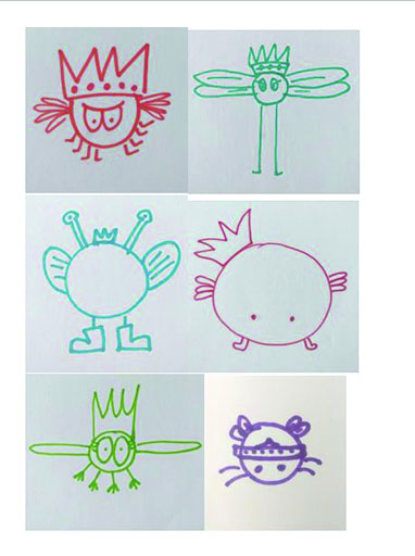 A collection of six drawings of a game character, all looking slightly different.