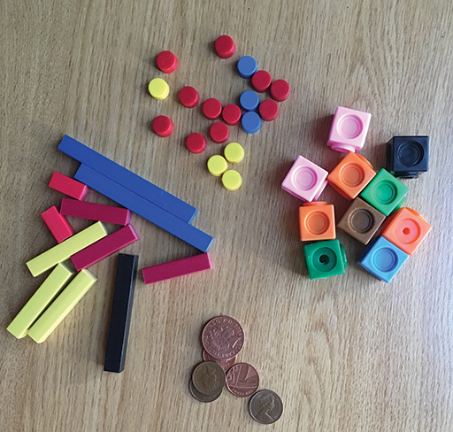 A photo of some Cuisenaire rods, counters, cubes and coins