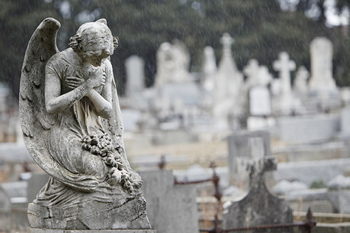 An image with an angel in prayer statue in the foreground of a graveyard