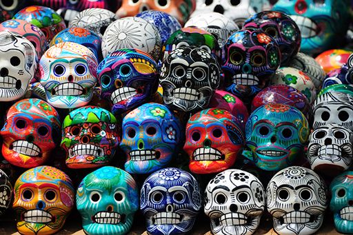 An image of many colourful painted skulls with different drawings and textures.