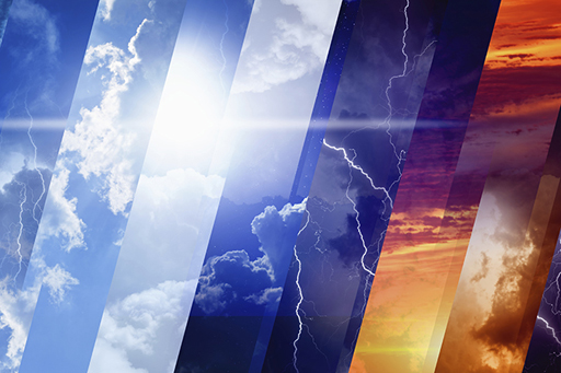 An image of filter like diagonal strips across various skies such as an orange sunset, a storm and a clear blue sky.