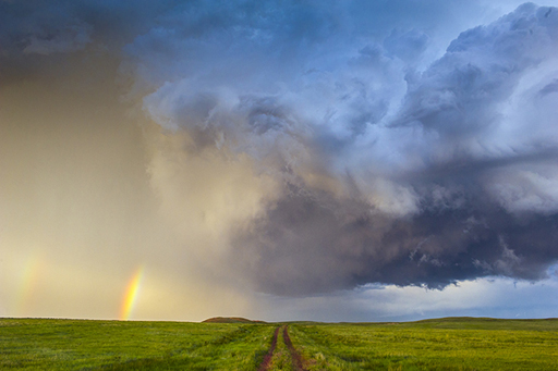 An image of storm clouds and a double rainbow above a field with a dirt road