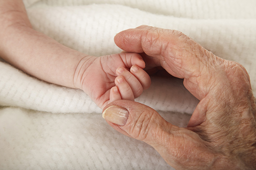 A photograph of an adult hand holding the hand of a baby.