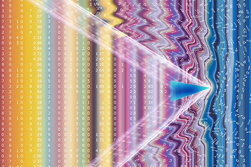 An abstract image of different coloured vertical strips with a column of numbers through each.