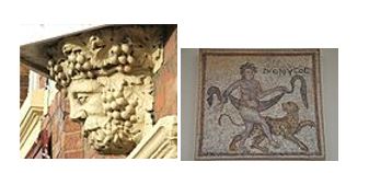 On the left is a statue of Bacchus and on the right is a mosaic depicting Dionysus.