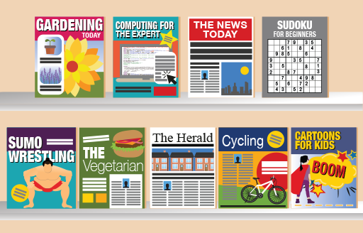 Magazines on a shelf