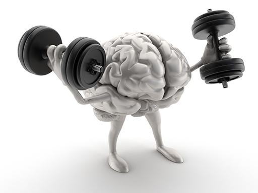 An image of a cartoon human brain with arms lifting a pair of black dumb-bells.
