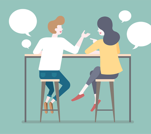 An illustration of two figures talking to each other.