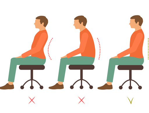 A cartoon showing a figure in three different seating positions, demonstrating that good posture.