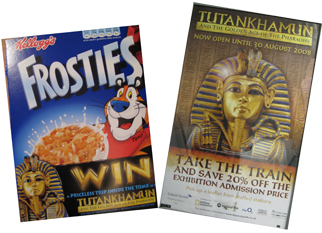 Tutankhamun cereal packet and cut-price travel advertisement