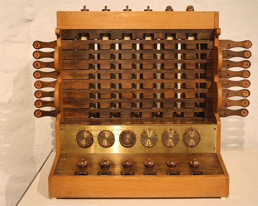 The arithmetical instrument has banks of levers numbered 2-7 to the right and left.