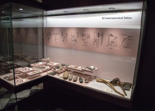 A wide variety of prehistoric farming tools are displayed in a glass case.