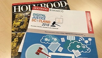 Front magazine titled Digital Justice Scotland. Back magazine titled Holyrood