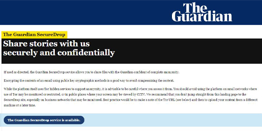Front page of the Guardian portal for sharing files with ‘complete anonymity’