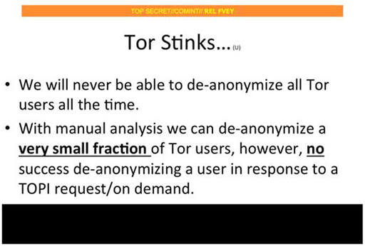 ‘Tor Stinks …’: a slide prepared for a top-secret NSA briefing that was leaked to the press in 2013