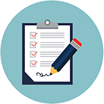 A cartoon drawing of a piece of paper and a pen writing onto the paper with lines.