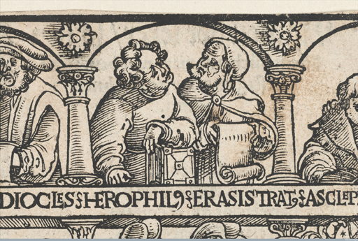 Detail from a woodcut depicting ancient herbalists and scholars.