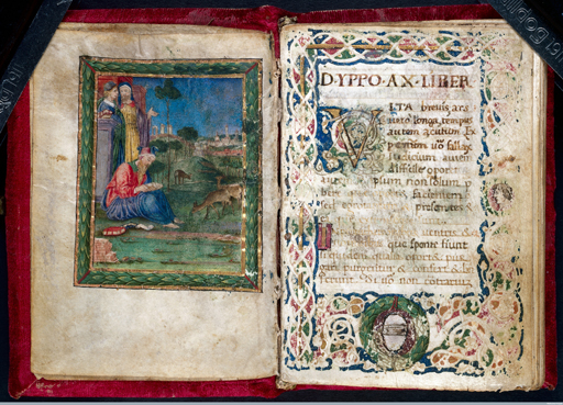 The open pages of an illustrated manuscript decorated in gold and other bright colours.