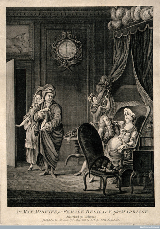 Line engraving of a male midwife suggestively examining a pregnant woman as her husband is led out of the room by a servant.