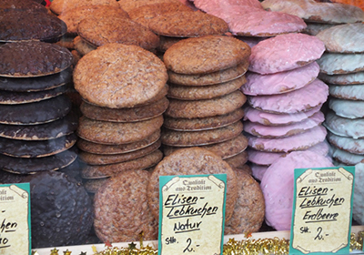 Stacks of different types of biscuit.