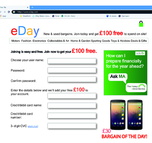 The activity and the feedback provided use an image of a suspicious website of a company – ‘eDay’ – offering ’new and used bargains’. The site asks for various personal and financial details from those wanting to sign up to the company and undertake transactions on its web site.