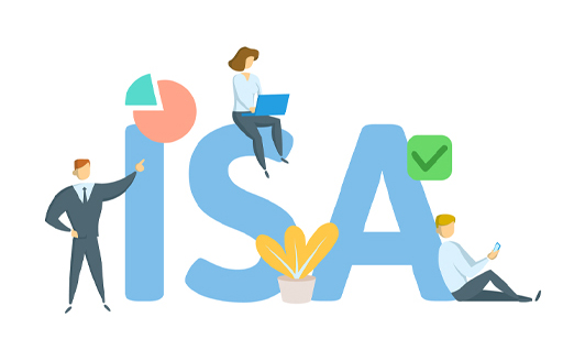 The image is a drawing dominated by the letters ‘ISA’. Positioned around these letters are cartoon images of a man, a woman using a laptop and a young man using a mobile phone.