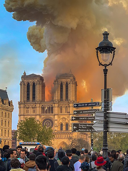This is a colour photo of Notre-Dame from the west. It shows the two square belfries of the cathedral with huge amounts of flame and smoke rising up from the roof behind them. In the foreground, a large crowd of people, standing around a lamp post, look on.