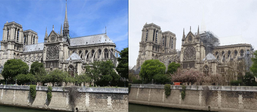 This is two colour photographs showing the before and after of Notre-Dame, both taken from the south, with the river in the foreground. It shows the roof and spire intact, along with the cathedral’s stained-glass windows and belfries. The second image shows Notre-Dame taken after the fire. This photo shows that the spire has totally disappeared and the roof has also entirely burned away.