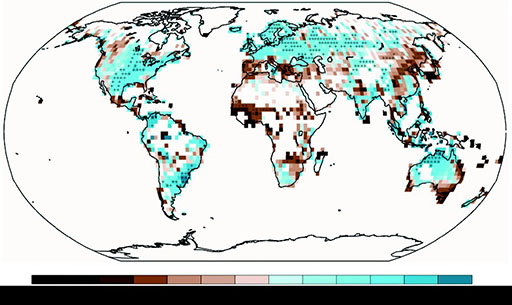 This global map has coloured cells colour coded for changes in rainfall, measured in mm yr-1 per decade. Blue tones show increases, up to 100 mm yr-1, brown tones show decreases down to -100 mm yr-1 and below. Data is almost exclusively over land, with the no data in Greenland, northern Canada and Asia, much of Africa and Antarctica. Increases can be seen in Europe and much of Asia, Norther America and parts of South America, southern Africa and most of Australia. Decreases can be seen in the Mediterranean, much of China, West Africa and southern and western Australia. Some of the data has crosses, including USA, Europe, Argentina, China and northern Australia.