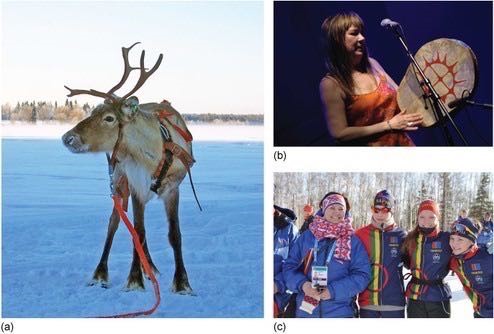 Figure 16a - This photograph shows a Sami reindeer. Figure 16b - This photograph shows a female musician holding an instrument which looks like a large flat drum. Figure 16c - This photograph shows four sport women dressed in winter sports clothes.