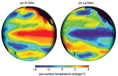 Figure 13 shows two images that show sea surface temperature anomalies during an El Niño as ‘heat maps’ of the globe. The heat maps use a rainbow colour scale to represent temperature changes, with areas coloured red showing a warming and violet showing a cooling. Figure 13a shows the characteristic pattern of eastern Pacific warming. This global image shows a band coloured red across most of the equator in the Pacific Ocean, indicating temperature increases up to 4 °C. Figure 13b shows the characteristic pattern of eastern Pacific and cooling. This global image shows a band coloured blue across most of the equator in the Pacific Ocean, indicating temperature decreases up to 4 °C.