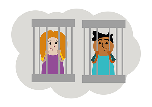This is a cartoon of two children behind bars.