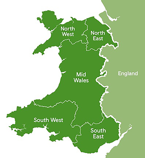 This is a map of Wales with the different regions labelled.