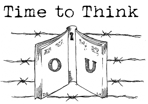 This is an illustration of a book with ‘OU’ written on it, against some barbed wire. The words ‘Time to Think’ appear at the top of the image.