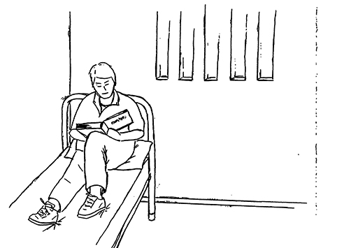 This is an illustration of a man reading in his prison cell.