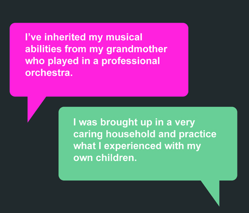 This is a graphic showing two quotations. The first says ‘I’ve inherited my musical abilities from my grandmother who played in a professional orchestra’. The second says ‘I was brought up in a very caring household and practice what I experienced with my own children’.