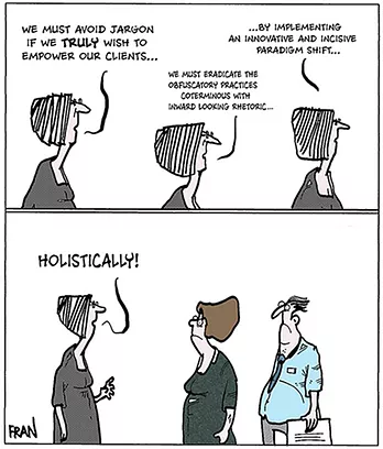 This is a cartoon in two parts. In the first part, a female figure is shown at three stages. She is saying to herself ‘We must avoid jargon if we truly wish to empower our clients’, then ‘We must eradicate this obfuscatory processes coterminous with forward looking rhetoric’, then ;...by implementing an innovative and incisive paradigm shift...’. In the second part she is standing in front of two other people and says ‘holitically!’.