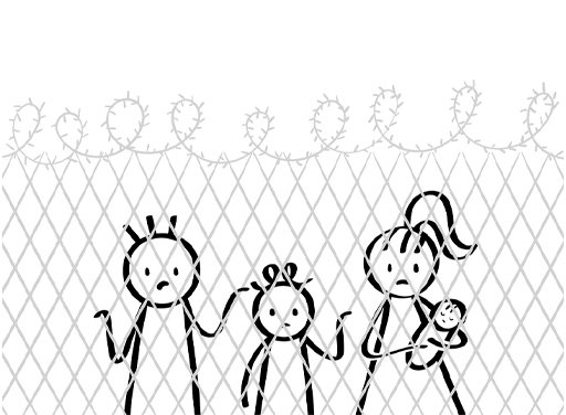 This is a cartoon of children behind a fence topped with barbed wire.