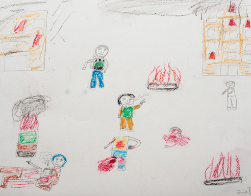 This is a drawing of a refugee camp using crayons.
