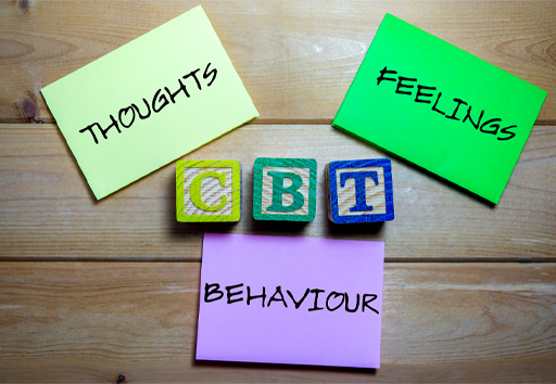 In the centre of this image are the letters ‘CBT’ stands for Cognitive behavioural therapy.