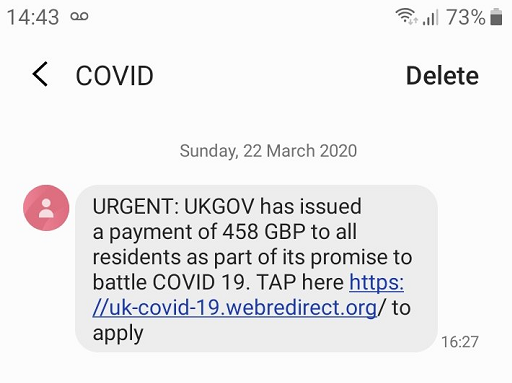 A screenshot of a fraudulent text message sent on 22 March 2020.