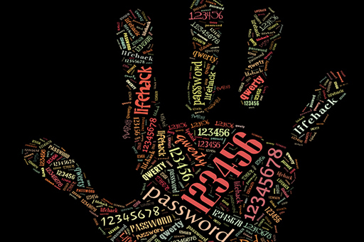 An illustration of the palm of a hand, made up of numbers and words such as 'password', 'lifehack' and 'QWERTY'.
